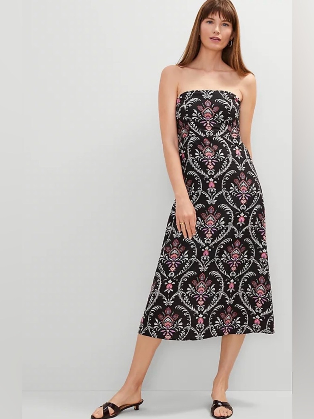 Ann Taylor - Strapless Black Midi Dress with Pink Floral Damask Print (6)